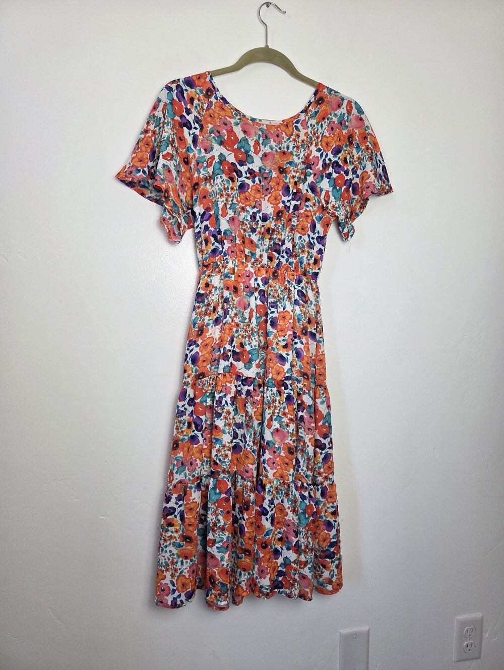 Colorful Floral Midi Dress Tiered Tropical Abstract Artsy Farmers Market Picnic